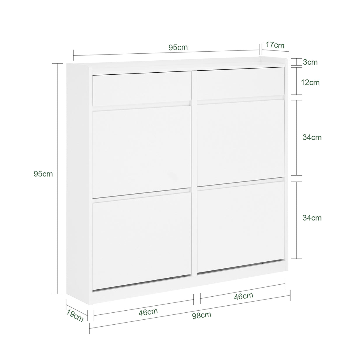 SoBuy FSR169-W, Slim Shoe Cabinet 98cm Wide with 4 Flip Drawers for Hallway | Narrow Shoe Storage Unit with 2 Pull-Out Drawers, Space-Saving Shoe Cupboard for Entryway, White MDF, 98x19x95cm