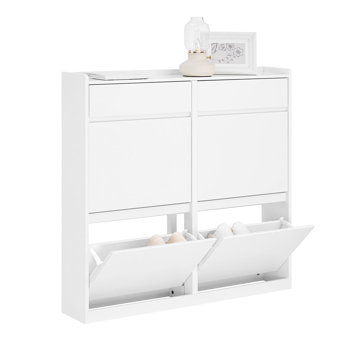 SoBuy FSR169-W, Slim Shoe Cabinet 98cm Wide with 4 Flip Drawers for Hallway | Narrow Shoe Storage Unit with 2 Pull-Out Drawers, Space-Saving Shoe Cupboard for Entryway, White MDF, 98x19x95cm