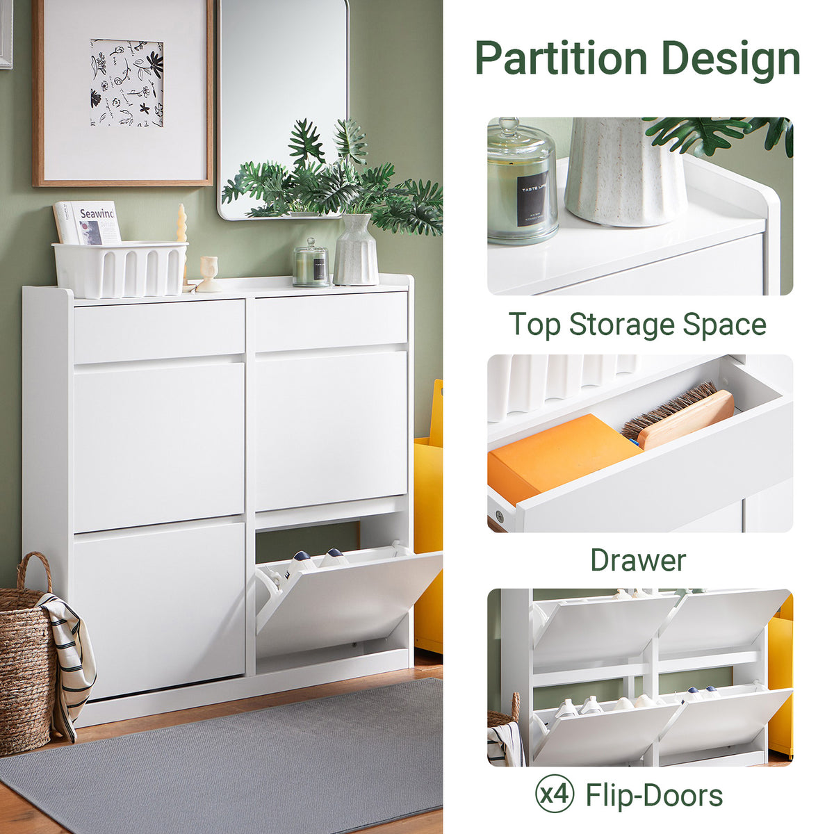 SoBuy FSR169-W, Slim Shoe Cabinet 98cm Wide with 4 Flip Drawers for Hallway | Narrow Shoe Storage Unit with 2 Pull-Out Drawers, Space-Saving Shoe Cupboard for Entryway, White MDF, 98x19x95cm