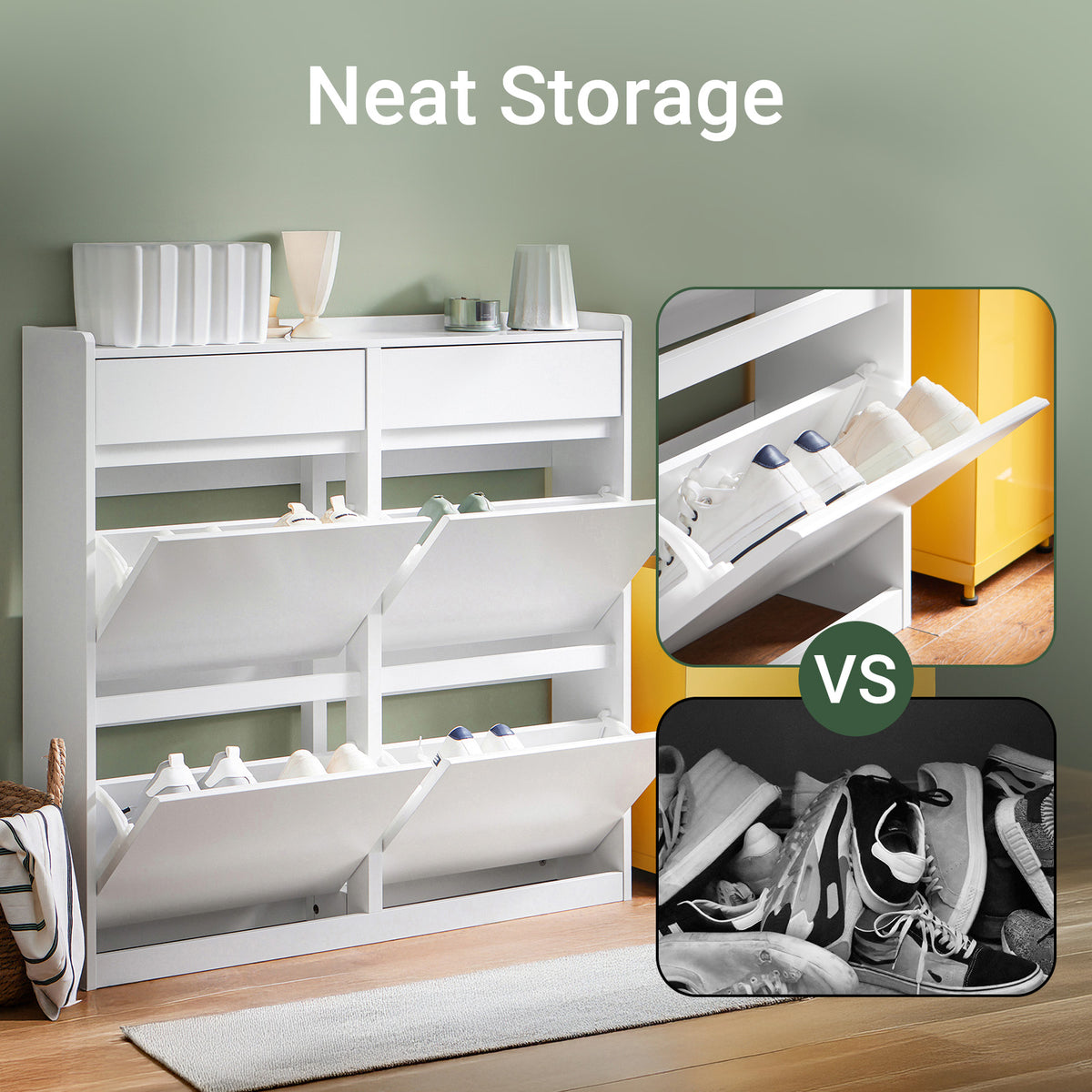 SoBuy FSR169-W, Slim Shoe Cabinet 98cm Wide with 4 Flip Drawers for Hallway | Narrow Shoe Storage Unit with 2 Pull-Out Drawers, Space-Saving Shoe Cupboard for Entryway, White MDF, 98x19x95cm