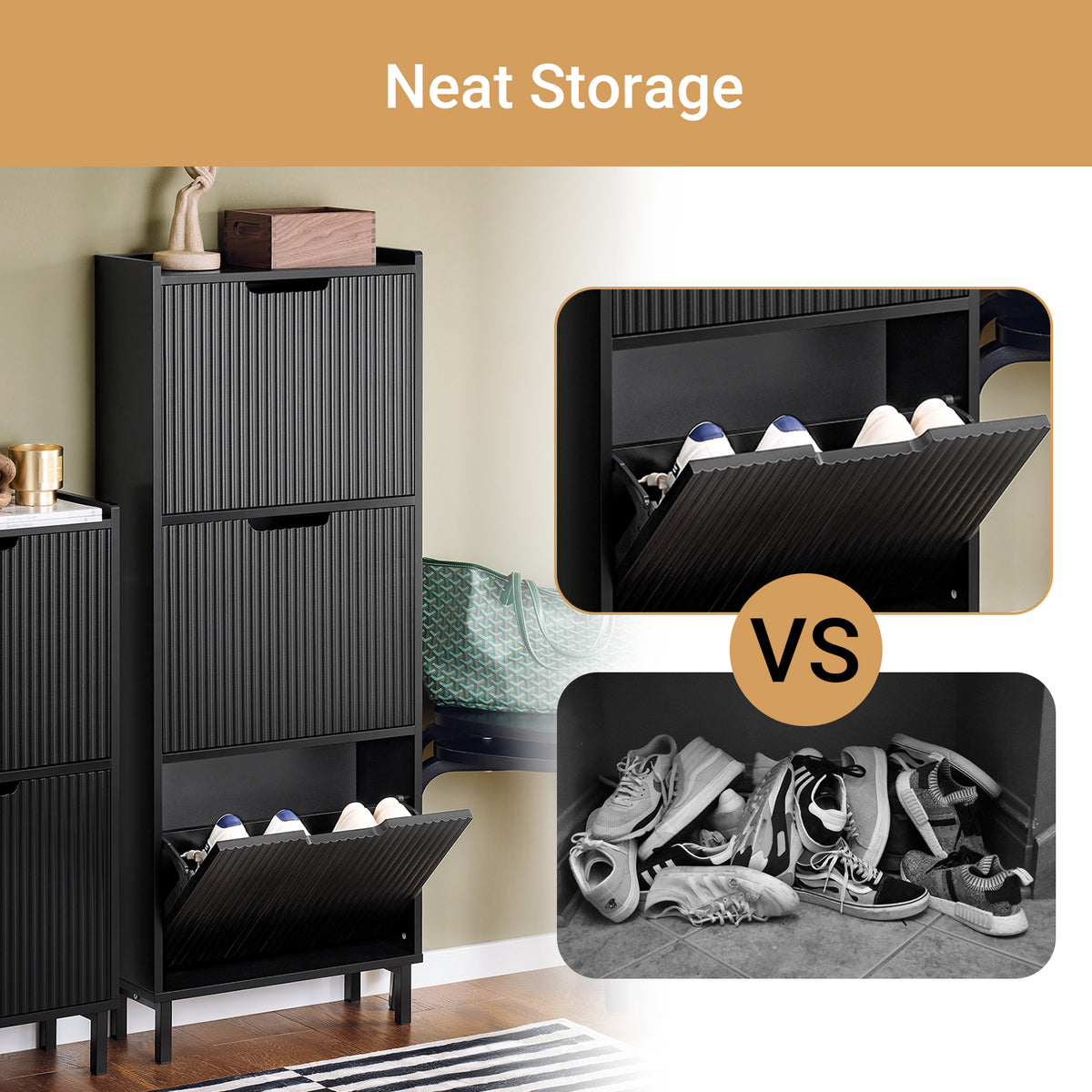 SoBuy Black Shoe Cabinet with 3 Quiet Flip Drawers – Keeps Shoes Dust-Free and Easy to Access