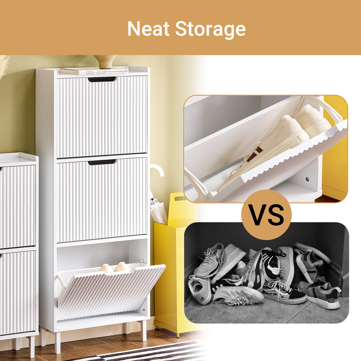 Equipped with 3 quiet flip-drawers with vented cut-out handles, this white shoe cupboard keeps your shoes dust-free, odour-free and easy to access.