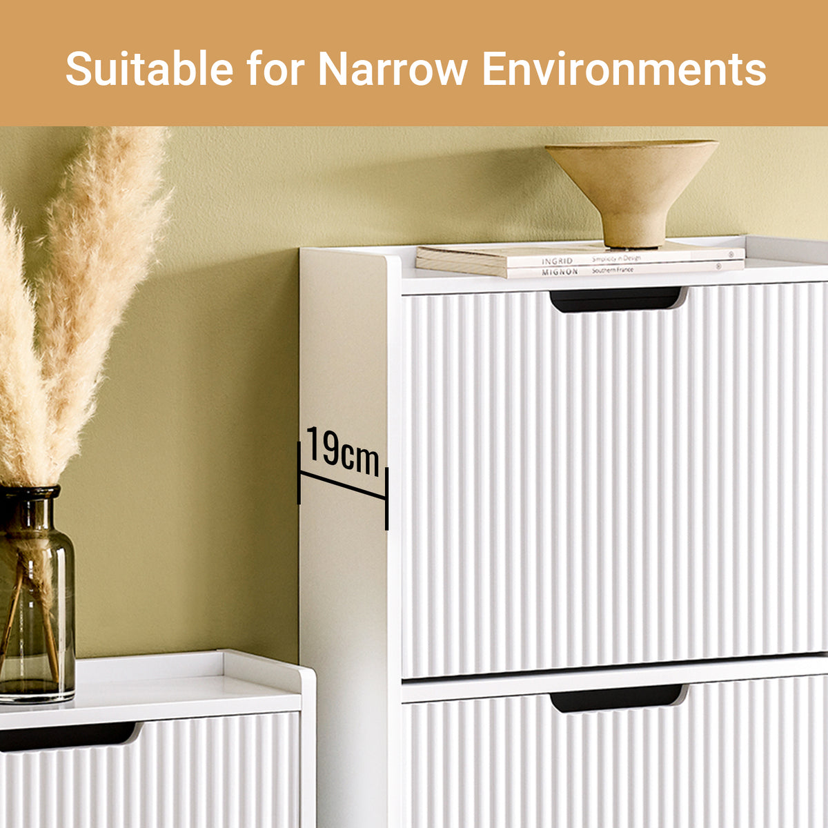 This ultra-slim white shoe cabinet features a narrow 19cm depth, making it perfect for hallways, entryways, understairs and small apartments.