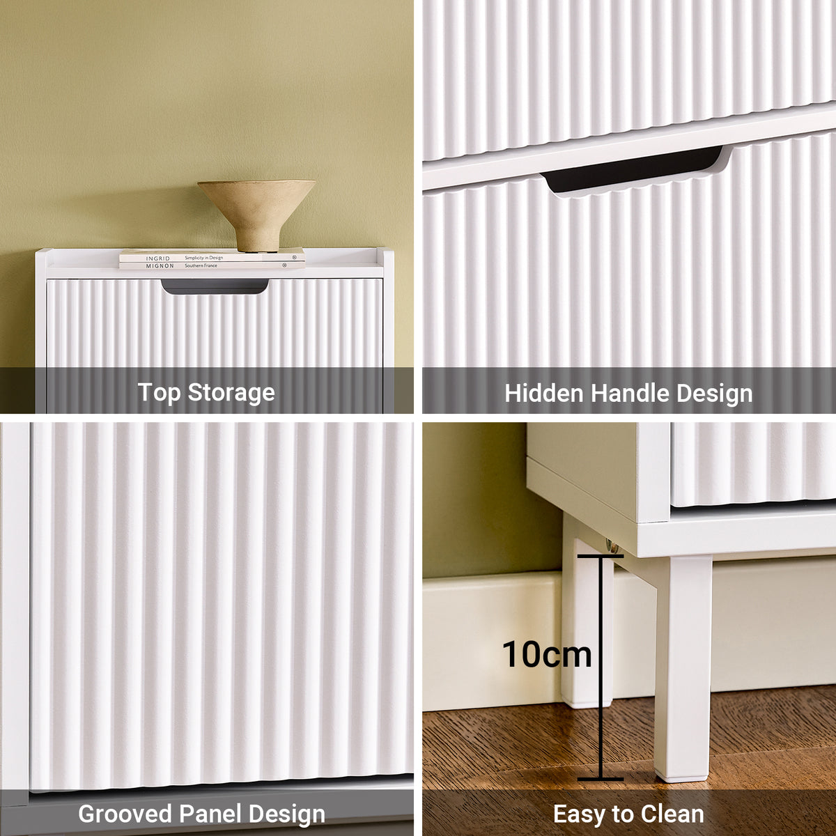 10cm raised legs – Elevates the cabinet for a stable base and easy cleaning underneath with a mop or robot vacuum