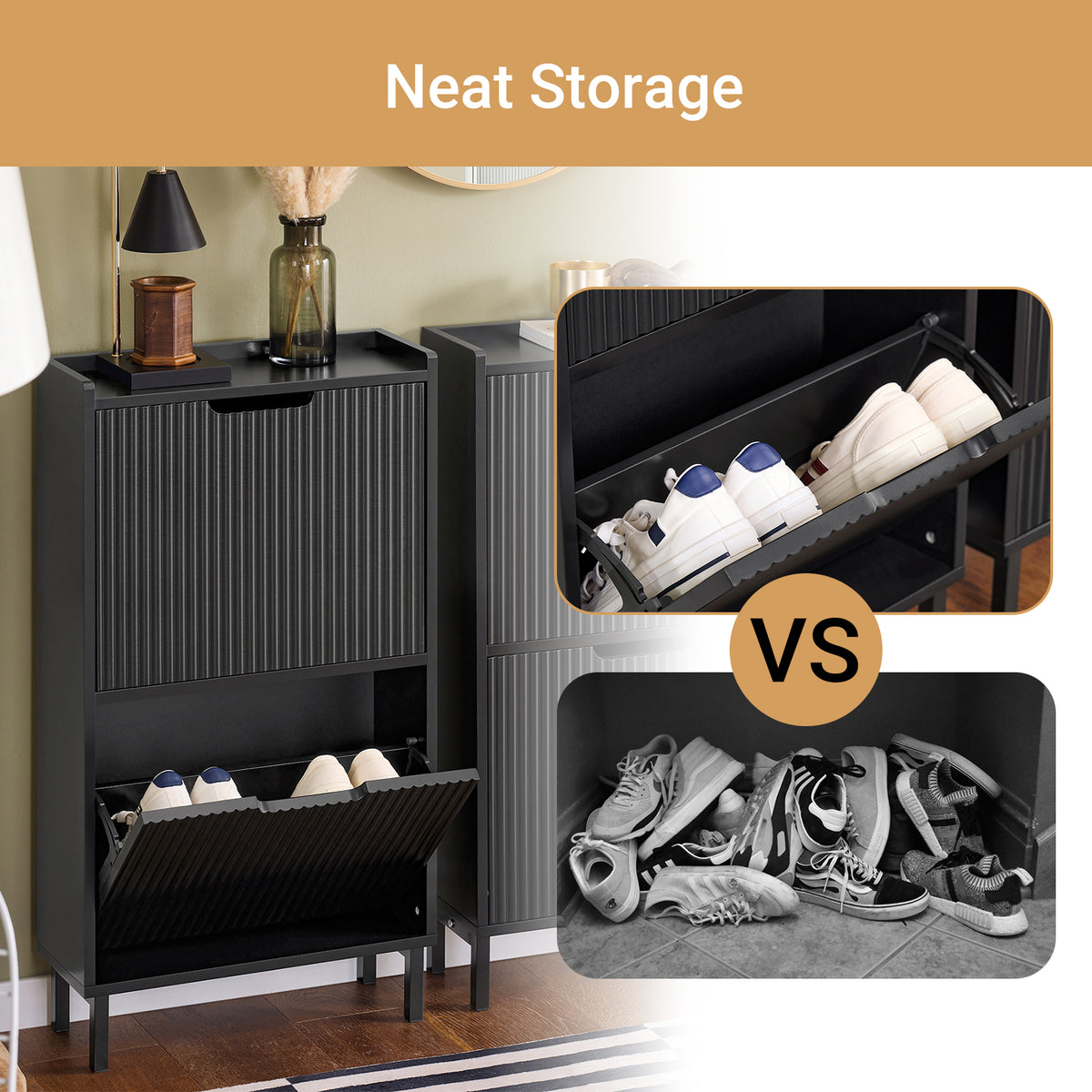 FSR177-SCH black slim shoe cabinet keeps hallway tidy clutter-free entryway storage solution
