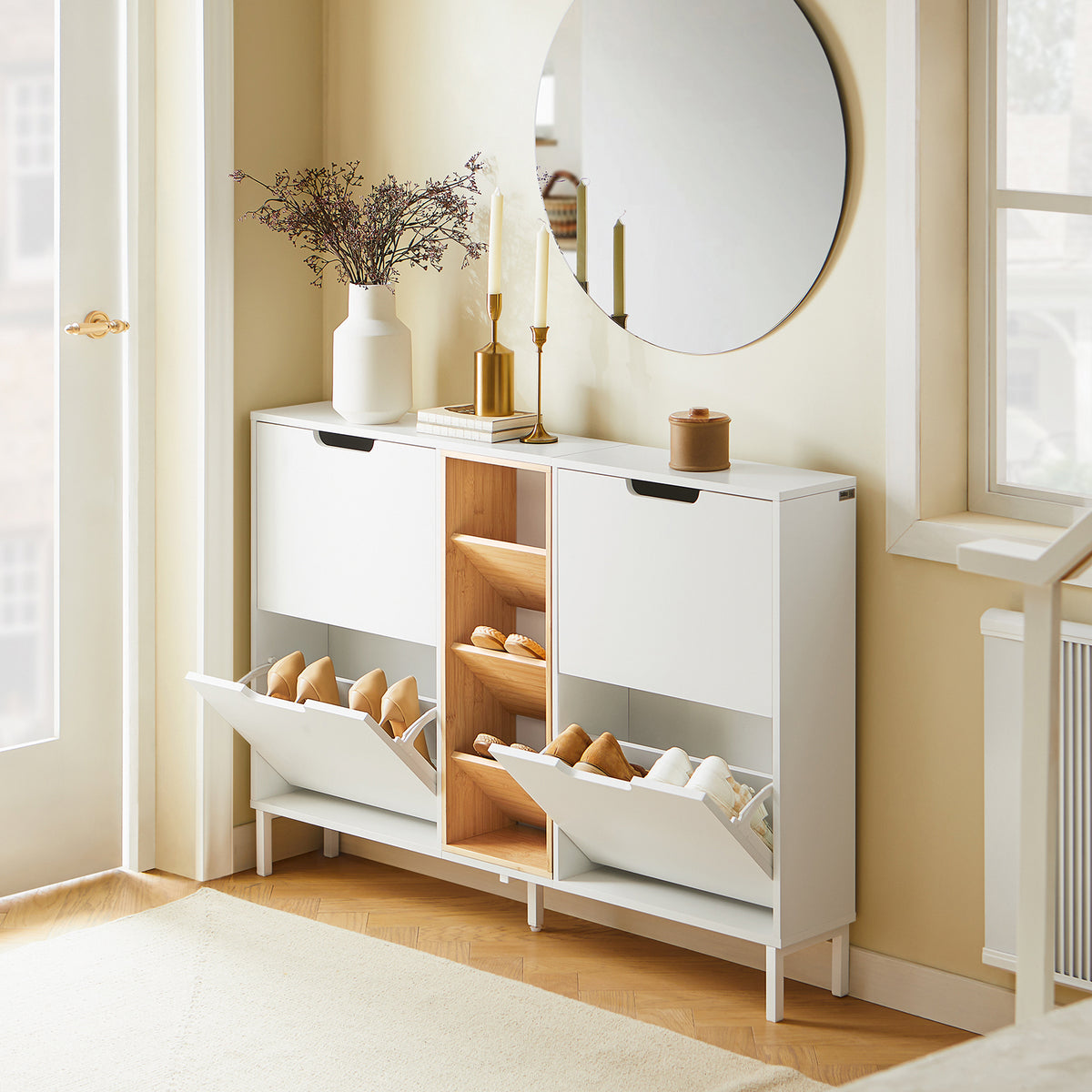 SoBuy FSR183-WN, 4 Flip-drawers 3 Open Shelves Shoe Cabinet Shoe Storage Cupboard, White and Natural