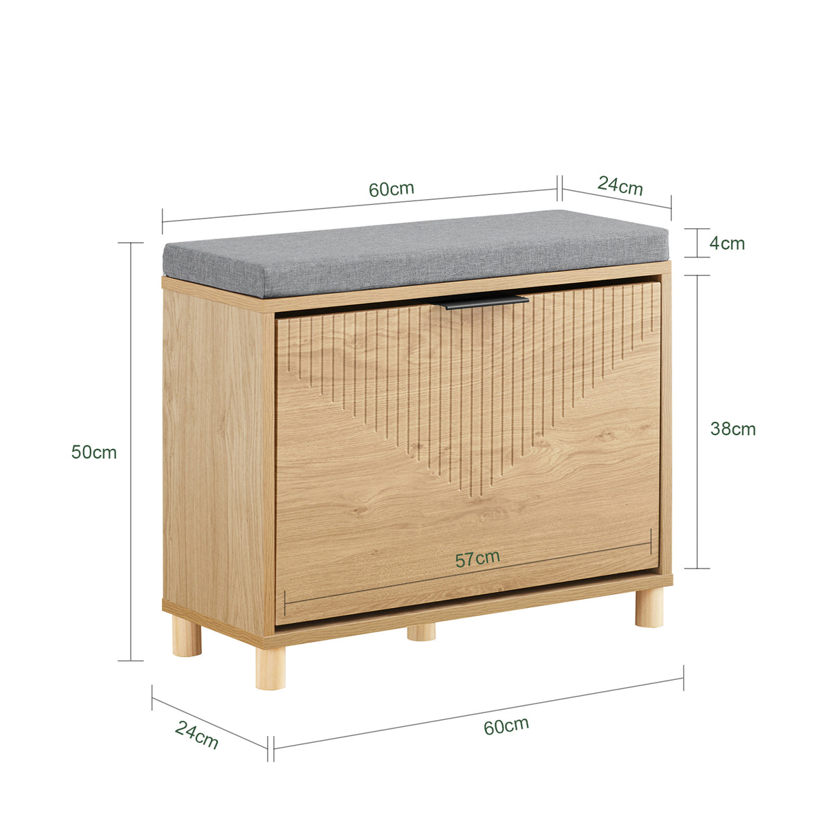 SoBuy FSR199-N Shoe Storage Bench with Seat – Flip Drawer, 4cm Cushion, 118kg, Compact Hallway Entryway Unit, Light Wood Grey, 60x24x50cm