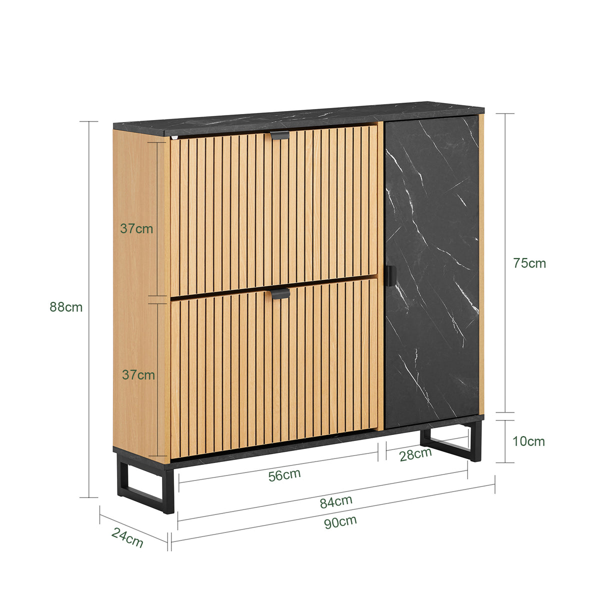 SoBuy FSR203-N, Shoe Rack – Slim Shoe Storage Cabinet 8-Pair with Hidden Shelf & Side Cabinet for Extra Storage – Narrow Design for Hallway – Black Marble & Light Wood, 90cm x 88cm