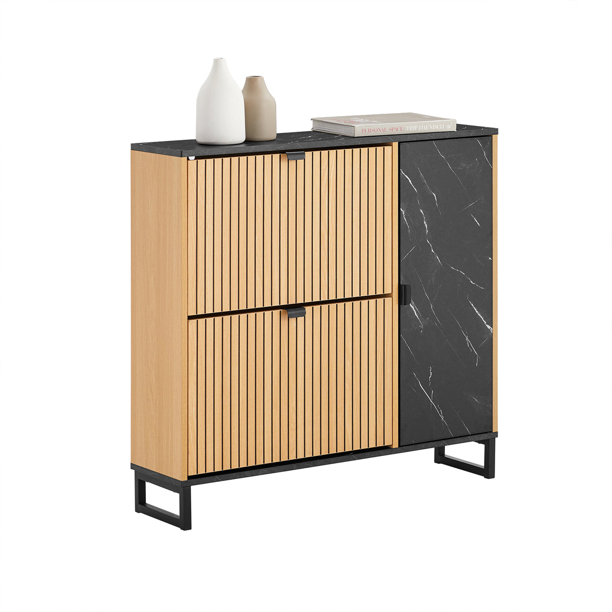 SoBuy FSR203-N, Shoe Rack – Slim Shoe Storage Cabinet 8-Pair with Hidden Shelf & Side Cabinet for Extra Storage – Narrow Design for Hallway – Black Marble & Light Wood, 90cm x 88cm
