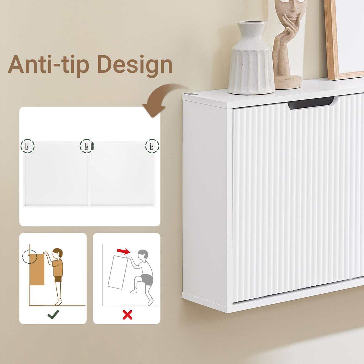 FSR204-W white slim shoe cabinet anti-tip device felt feet floor protection detail