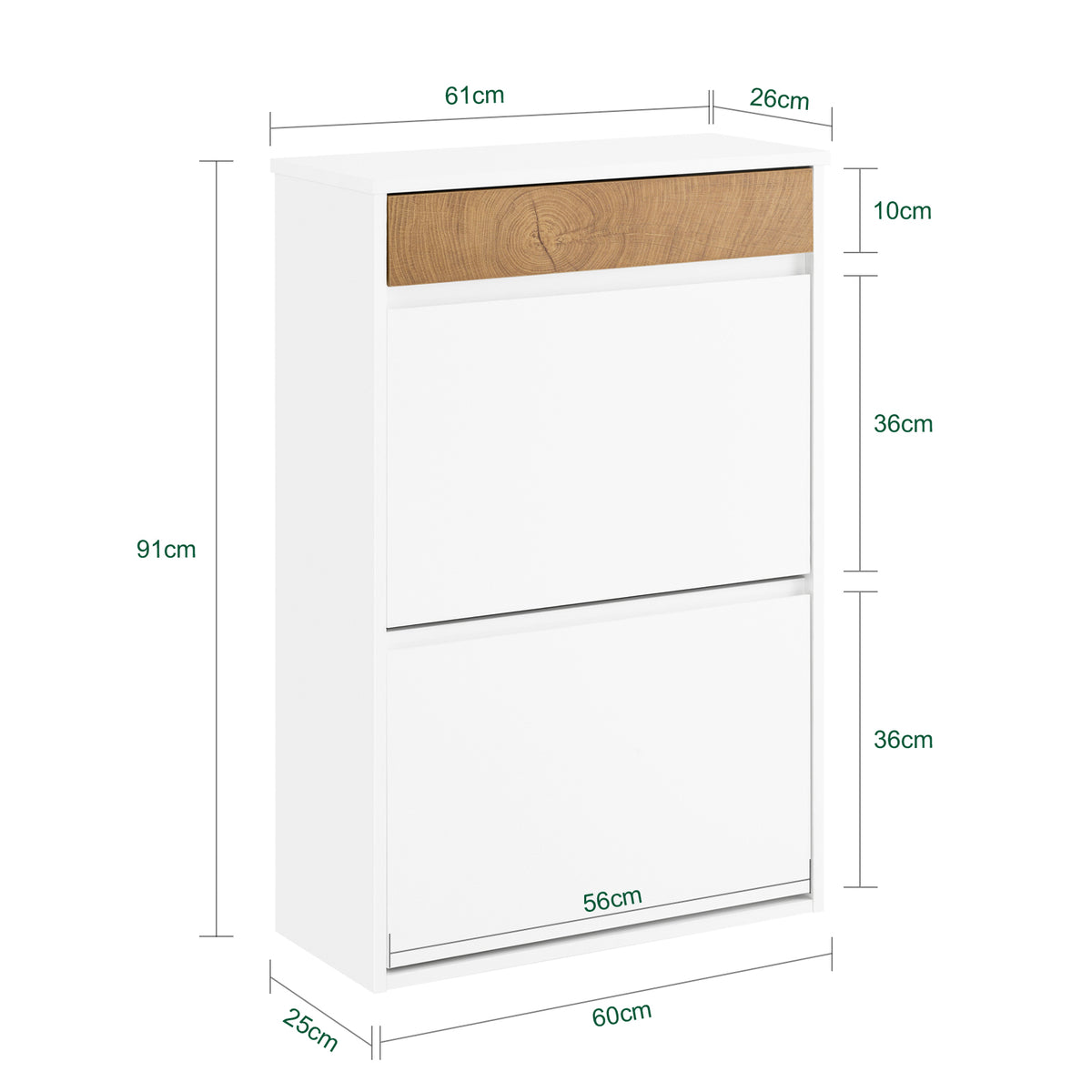 SoBuy FSR205-WN, Shoe Rack Narrow Shoe Storage Cabinet with 2 Adjustable Flip Doors & Drawer for 12 Pairs of Shoes, White & Wood Grain Finish, Compact for Entryway, Easy Assembly, 61x26x91cm