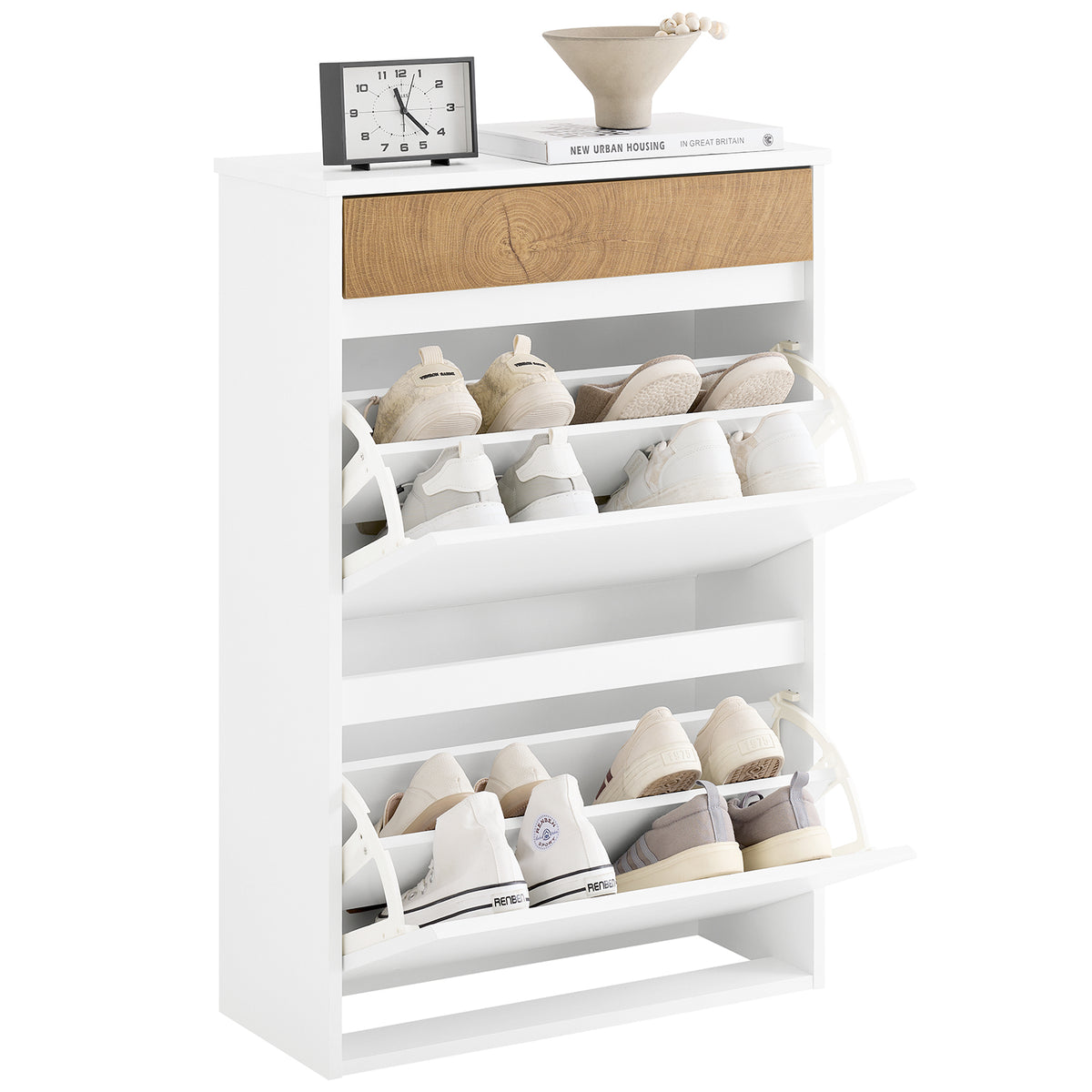 SoBuy FSR205-WN, Shoe Rack Narrow Shoe Storage Cabinet with 2 Adjustable Flip Doors & Drawer for 12 Pairs of Shoes, White & Wood Grain Finish, Compact for Entryway, Easy Assembly, 61x26x91cm
