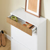 SoBuy FSR205-WN, Shoe Rack Narrow Shoe Storage Cabinet with 2 Adjustable Flip Doors & Drawer for 12 Pairs of Shoes, White & Wood Grain Finish, Compact for Entryway, Easy Assembly, 61x26x91cm