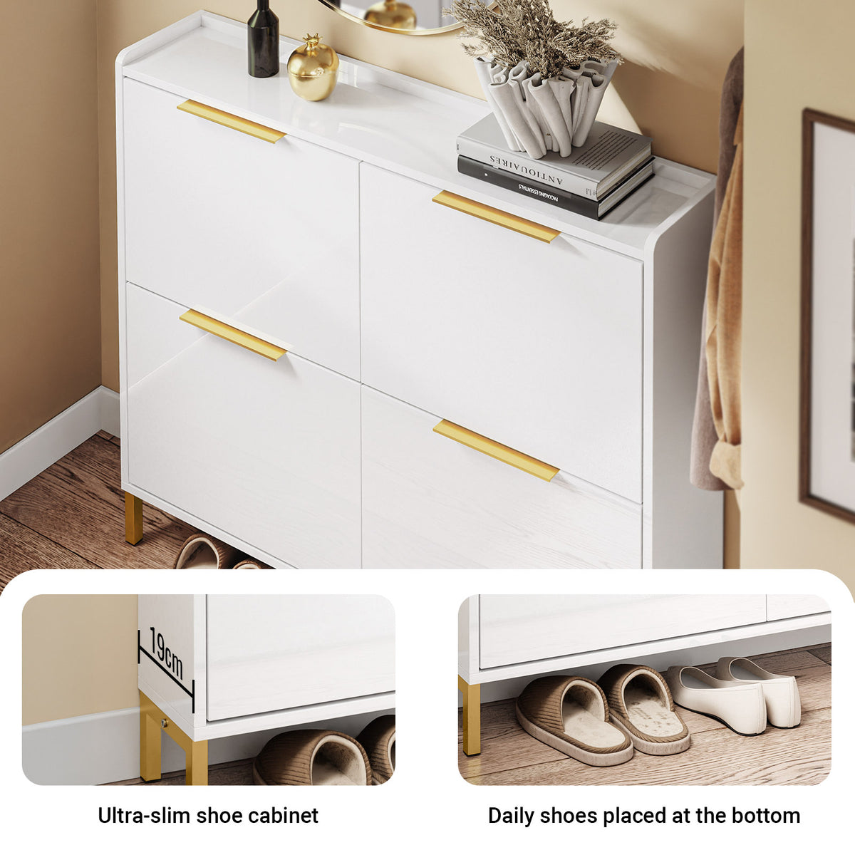 SoBuy FSR206-GW, Narrow Shoe Cabinet - 19cm Slim Hallway Shoe Storage Cabinet with High Gloss White Finish, Gold Handles, Anti-Slip Pads, E1 Board, Easy Assembly - 100x19x90cm