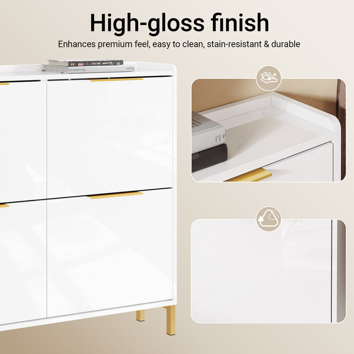 SoBuy FSR206-GW, Narrow Shoe Cabinet - 19cm Slim Hallway Shoe Storage Cabinet with High Gloss White Finish, Gold Handles, Anti-Slip Pads, E1 Board, Easy Assembly - 100x19x90cm