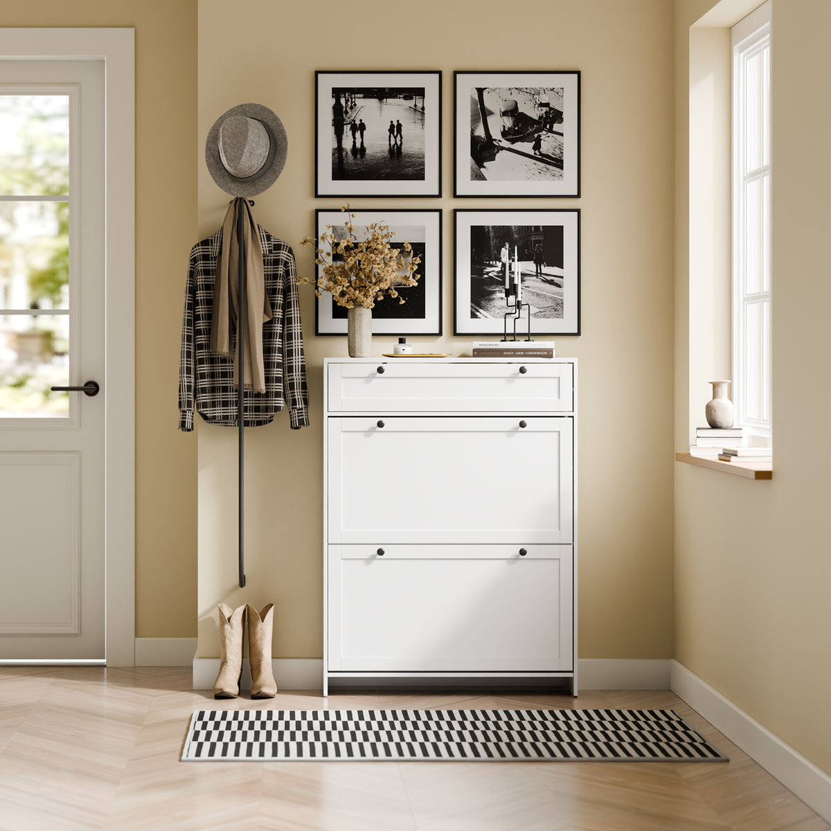 SoBuy FSR207-W, Narrow Shoe Cabinet Shoe Storage Cabinet – Slim Design for Small Spaces – White MDF Shoe Rack with 2 Flip Doors & Drawer – Holds Up to 8 Pairs of Shoes – 80x19x107 cm