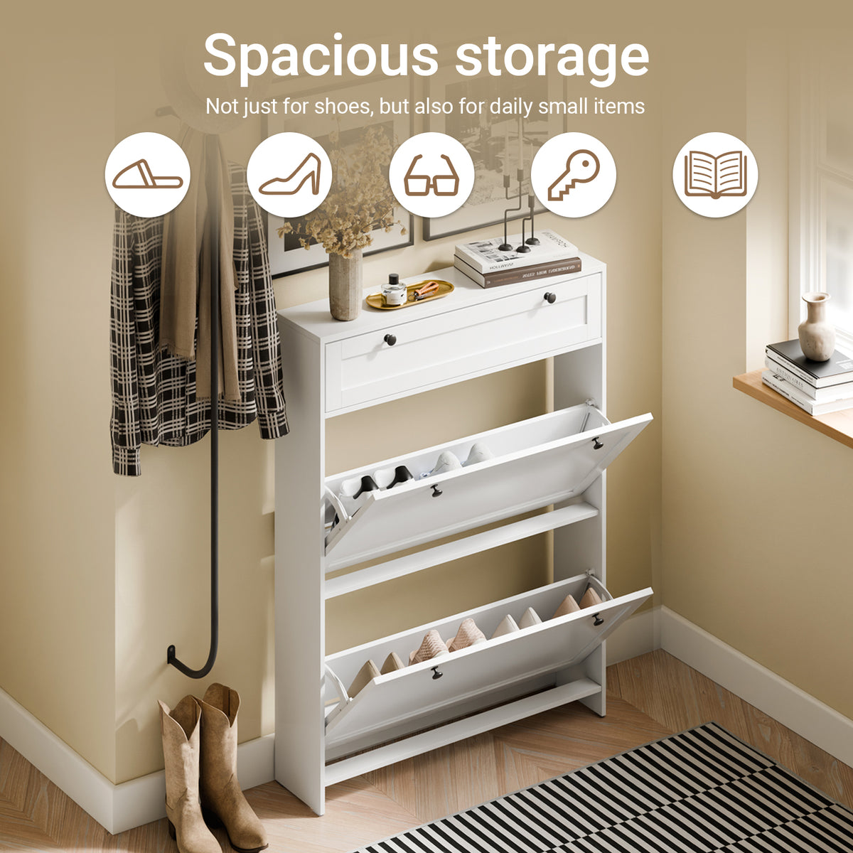 SoBuy FSR207-W, Narrow Shoe Cabinet Shoe Storage Cabinet – Slim Design for Small Spaces – White MDF Shoe Rack with 2 Flip Doors & Drawer – Holds Up to 8 Pairs of Shoes – 80x19x107 cm