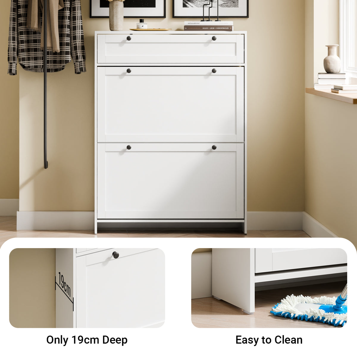 SoBuy FSR207-W, Narrow Shoe Cabinet Shoe Storage Cabinet – Slim Design for Small Spaces – White MDF Shoe Rack with 2 Flip Doors & Drawer – Holds Up to 8 Pairs of Shoes – 80x19x107 cm