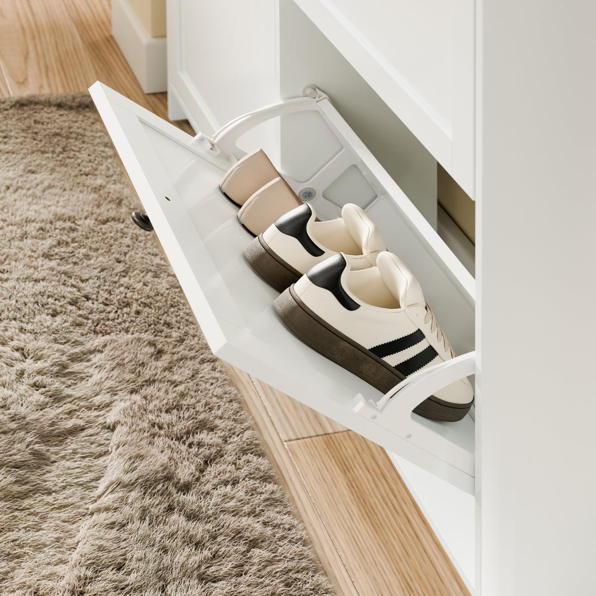 SoBuy FSR208-W, Narrow Shoe Cabinet Shoe Storage Cabinet – Slim Design for Small Spaces – White MDF Shoe Rack with 4 Flip Doors & 2 Drawer – Holds Up to 12 Pairs of Shoes – 100x19x107cm