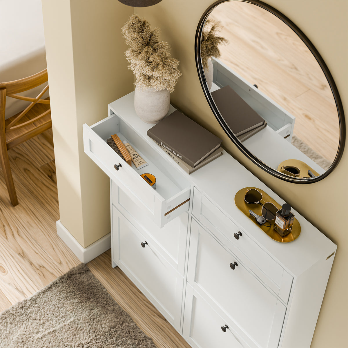 SoBuy FSR208-W, Narrow Shoe Cabinet Shoe Storage Cabinet – Slim Design for Small Spaces – White MDF Shoe Rack with 4 Flip Doors & 2 Drawer – Holds Up to 12 Pairs of Shoes – 100x19x107cm