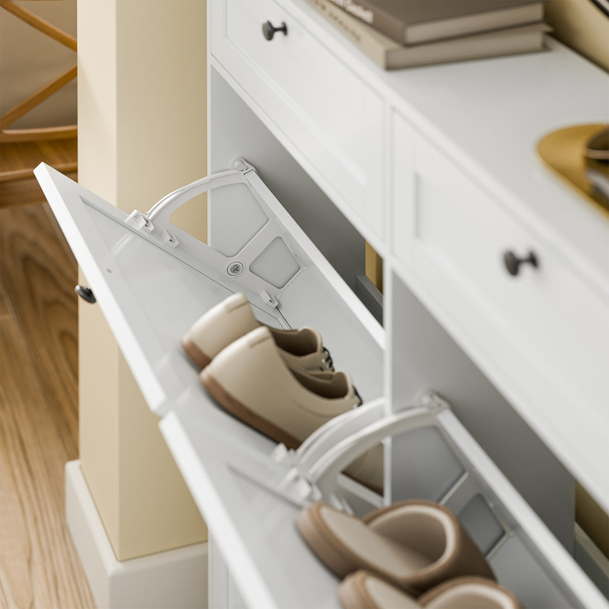 SoBuy FSR208-W, Narrow Shoe Cabinet Shoe Storage Cabinet – Slim Design for Small Spaces – White MDF Shoe Rack with 4 Flip Doors & 2 Drawer – Holds Up to 12 Pairs of Shoes – 100x19x107cm