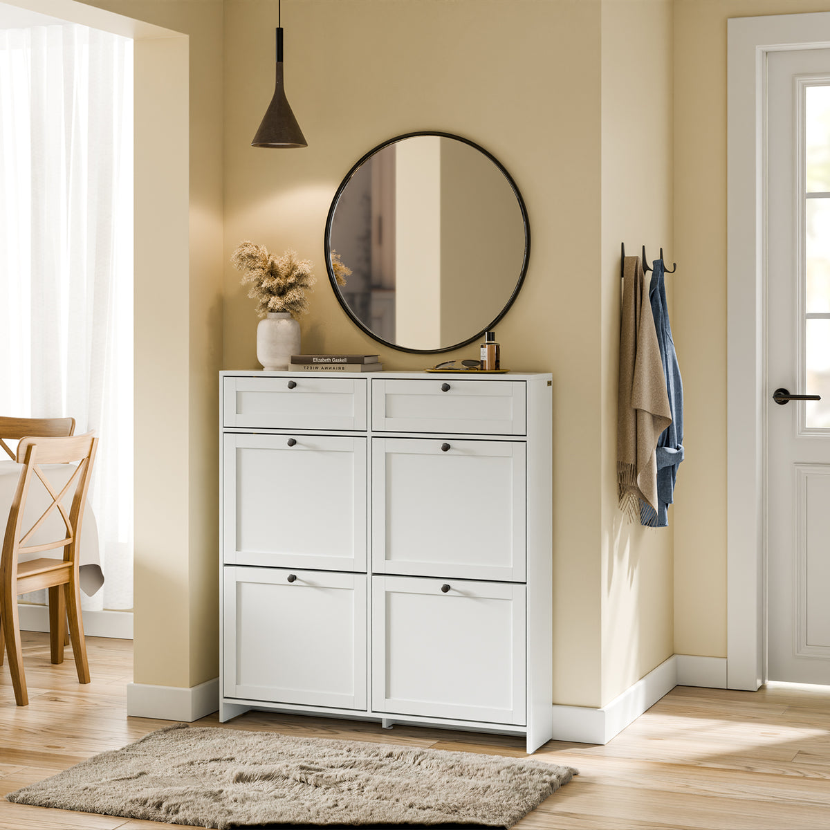 SoBuy FSR208-W, Narrow Shoe Cabinet Shoe Storage Cabinet – Slim Design for Small Spaces – White MDF Shoe Rack with 4 Flip Doors & 2 Drawer – Holds Up to 12 Pairs of Shoes – 100x19x107cm