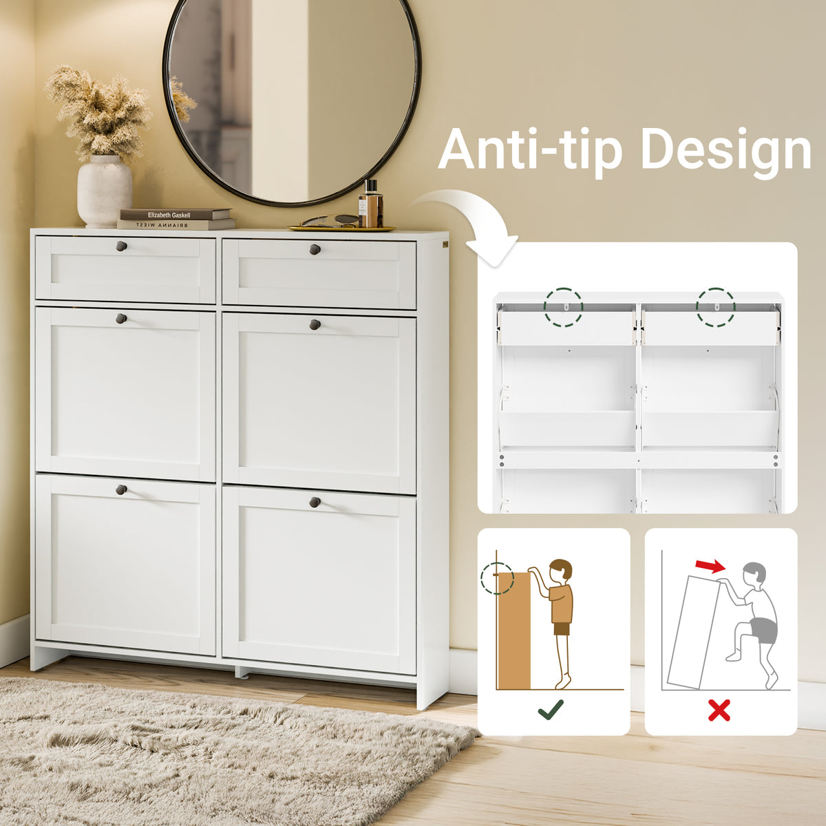 SoBuy FSR208-W, Narrow Shoe Cabinet Shoe Storage Cabinet – Slim Design for Small Spaces – White MDF Shoe Rack with 4 Flip Doors & 2 Drawer – Holds Up to 12 Pairs of Shoes – 100x19x107cm
