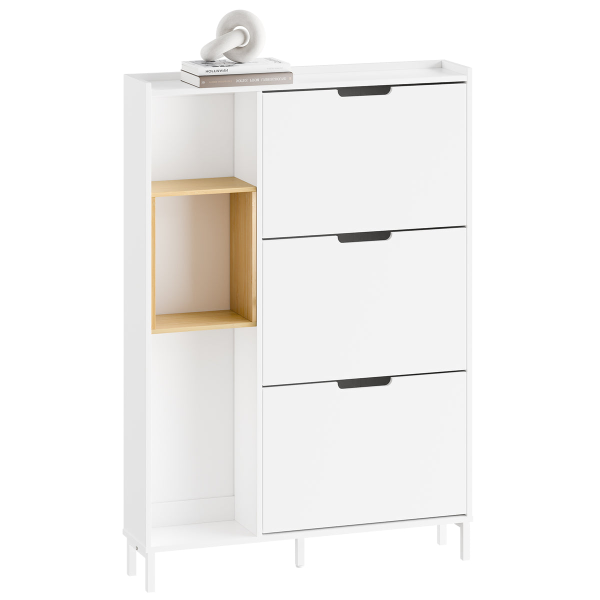 SoBuy FSR209-WN, Narrow Shoe Cabinet Shoe Storage Cabinet - Slim Design for 9 Pairs of Shoes, Bamboo and White MDF, Space-Saving - Ideal for Small Spaces, Hallways, 90cm x 19cm x 129.5cm