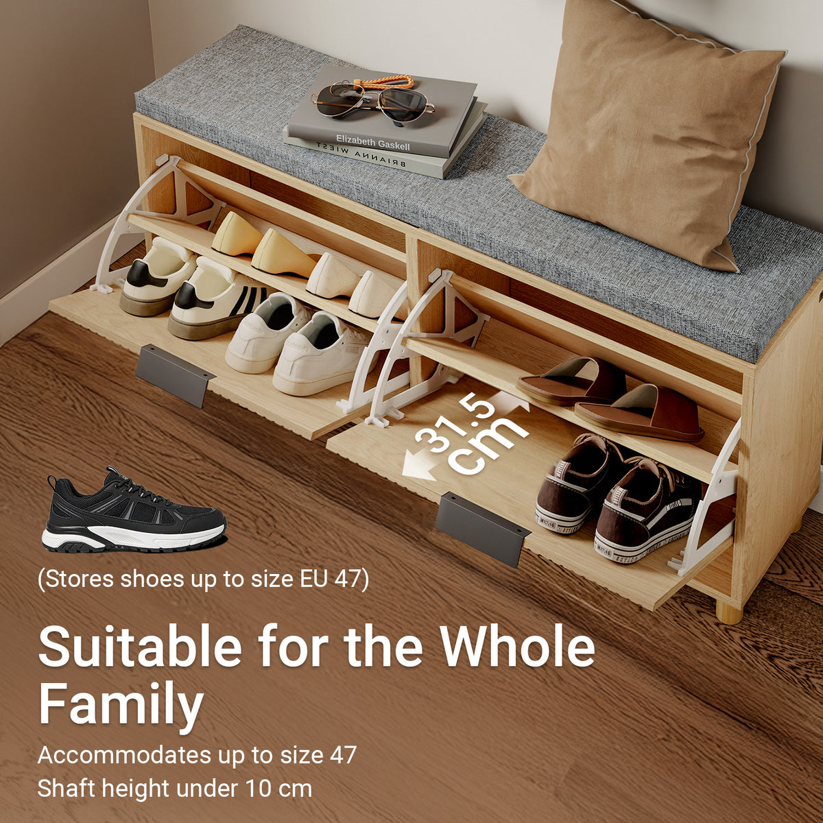 SoBuy FSR211-N, Narrow Shoe Storage Bench with 2 Flip Drawers, Hallway Bench with Cushion for Small Spaces, Wooden, 100×24×50 cm
