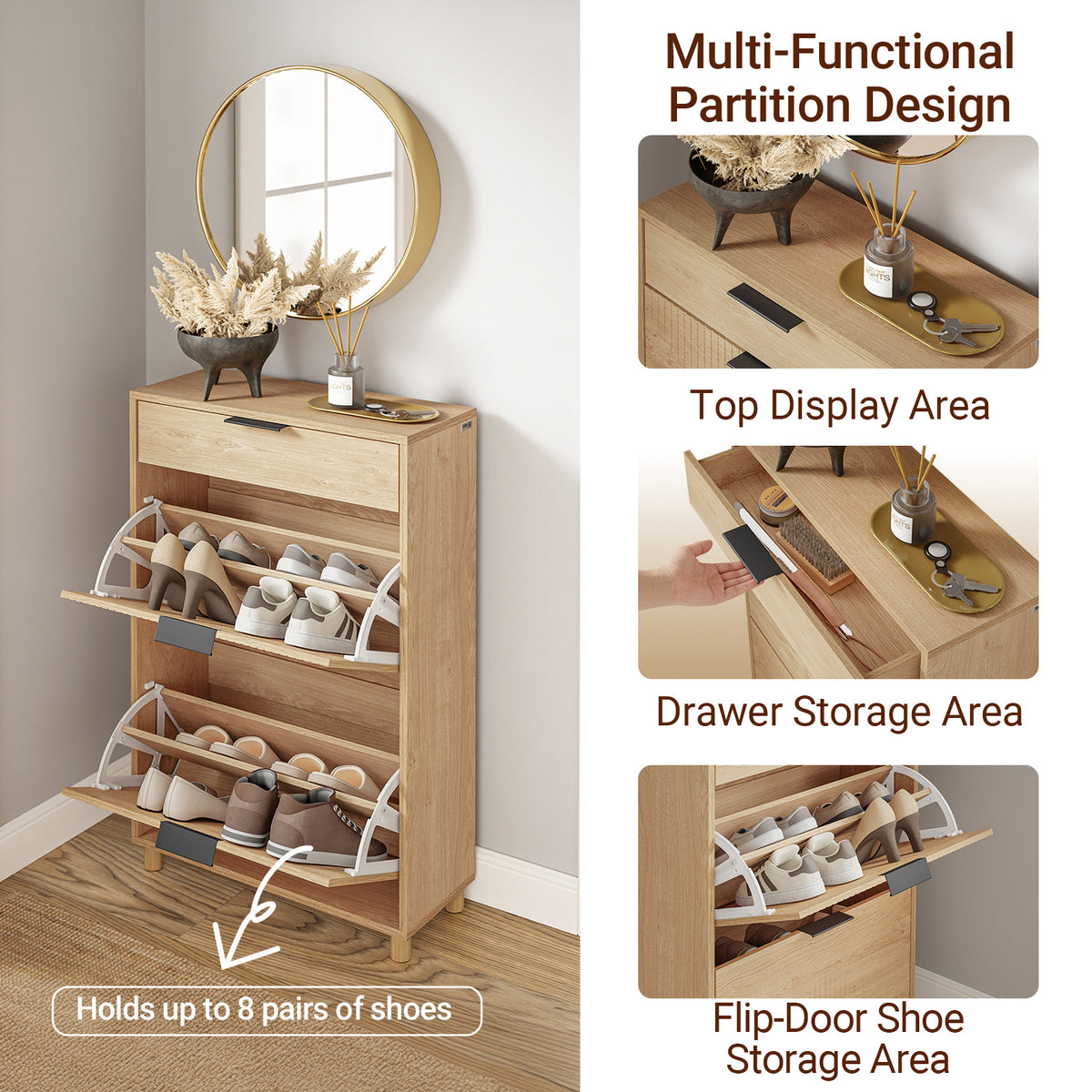 SoBuy FSR212-N, Slim Wooden Shoe Storage Cabinet, Narrow 24cm Shoe Cabinet with 3 Flip Drawers for Hallway, Fits up to EU 47, 60×24×95 cm