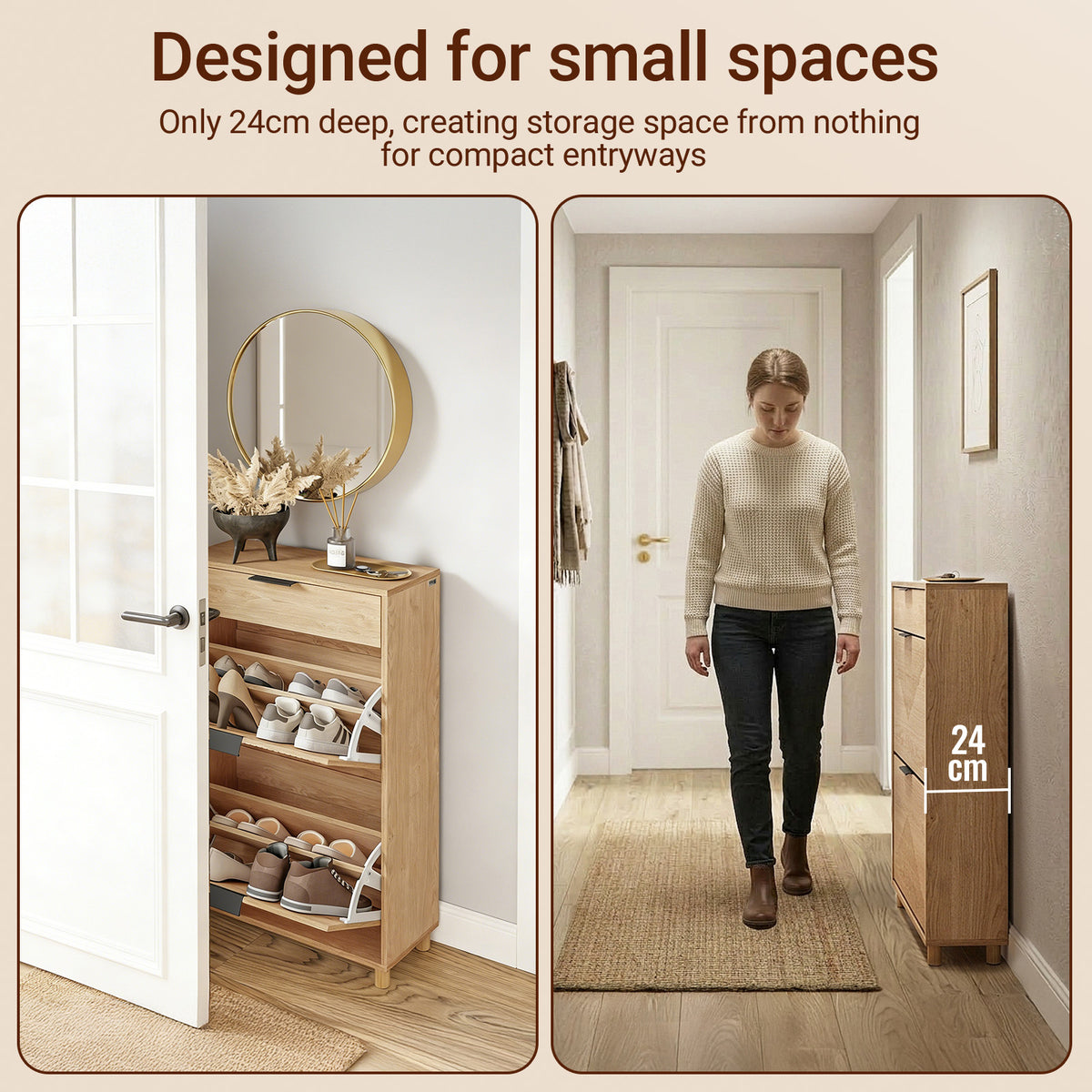 SoBuy FSR212-N, Slim Wooden Shoe Storage Cabinet, Narrow 24cm Shoe Cabinet with 3 Flip Drawers for Hallway, Fits up to EU 47, 60×24×95 cm