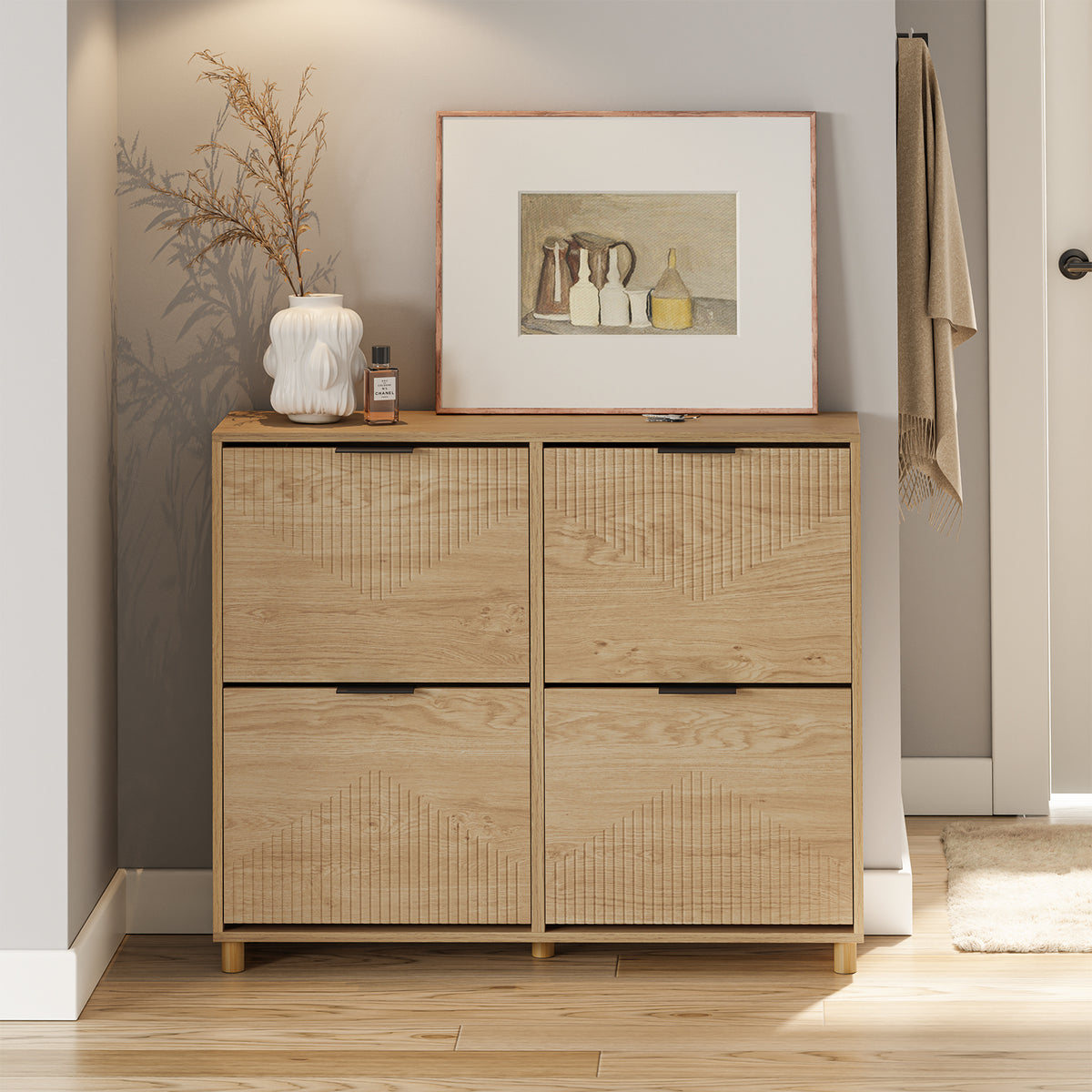 SoBuy FSR214-N, Large Shoe Storage Cabinet with 4 Flip Drawers, Wooden Slim Shoe Cupboard, Fits up to EU 47, 100×24×83 cm