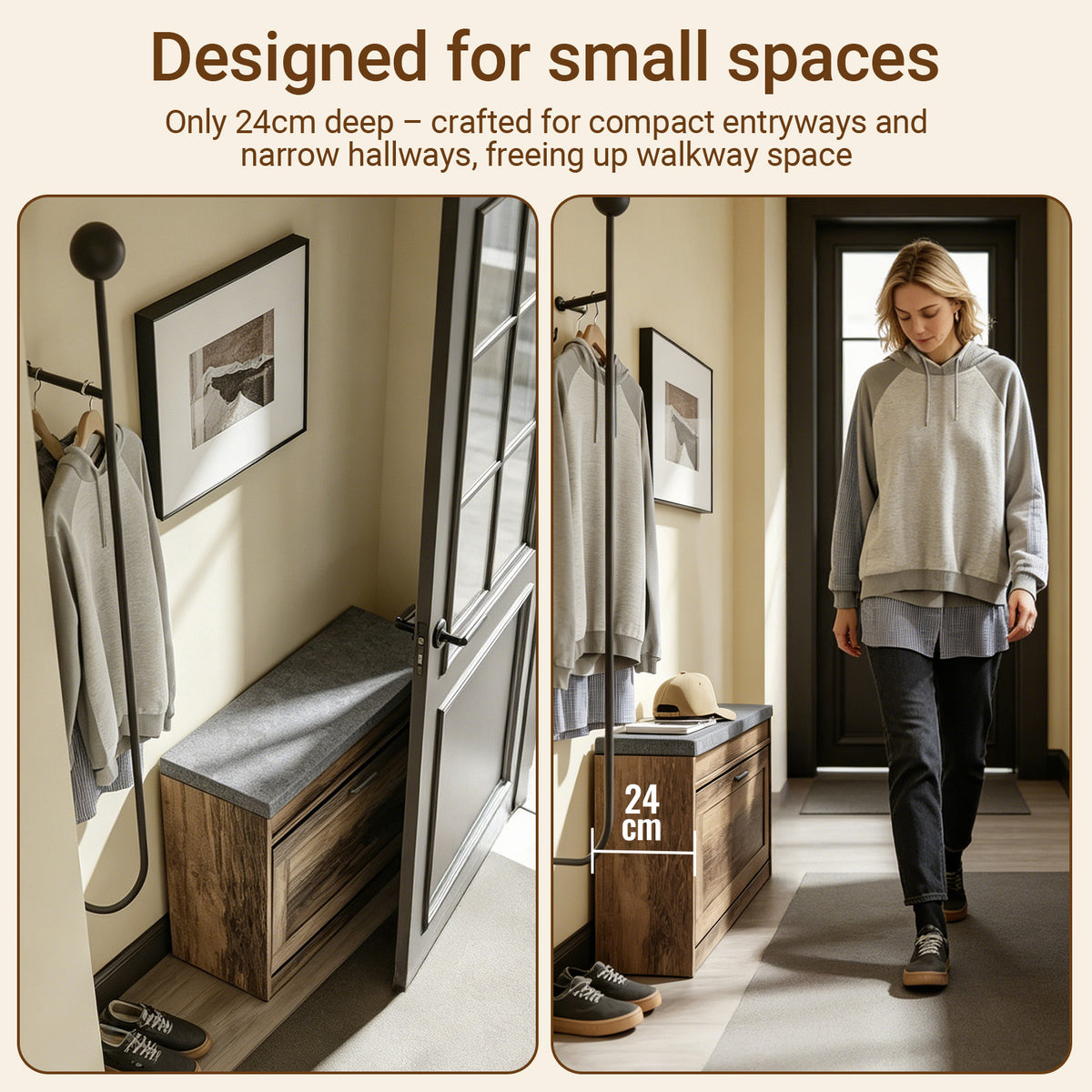 SoBuy FSR218-F, Slim Shoe Bench with Seat, Narrow Flip-Top Shoe Storage Cabinet for Hallway, Fits up to EU 47, Dark Brown, 75x24x53 cm