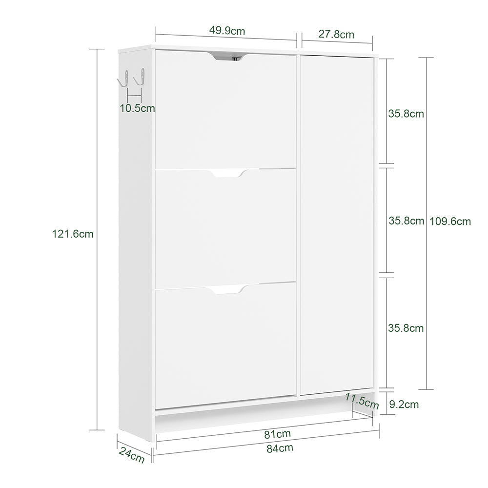 SoBuy FSR220-W, Shoe Cabinet with 3 Drawers, Hooks & Seat, Entryway, White, 84x24x121cm - view 3