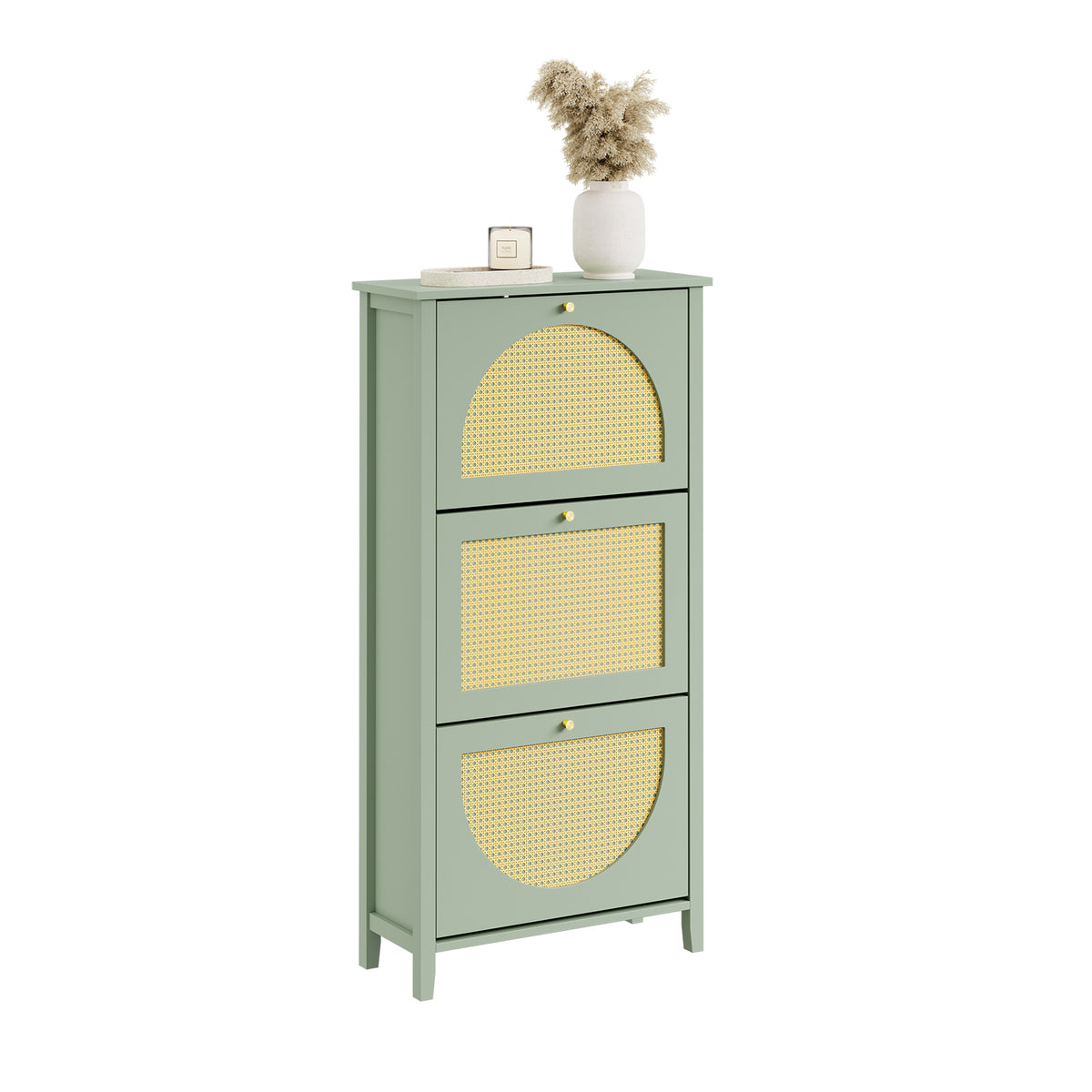 SoBuy FSR222-GR, Slim Shoe Cabinet with 3 Doors & Rattan Panels, Green, 62x25x121.5cm