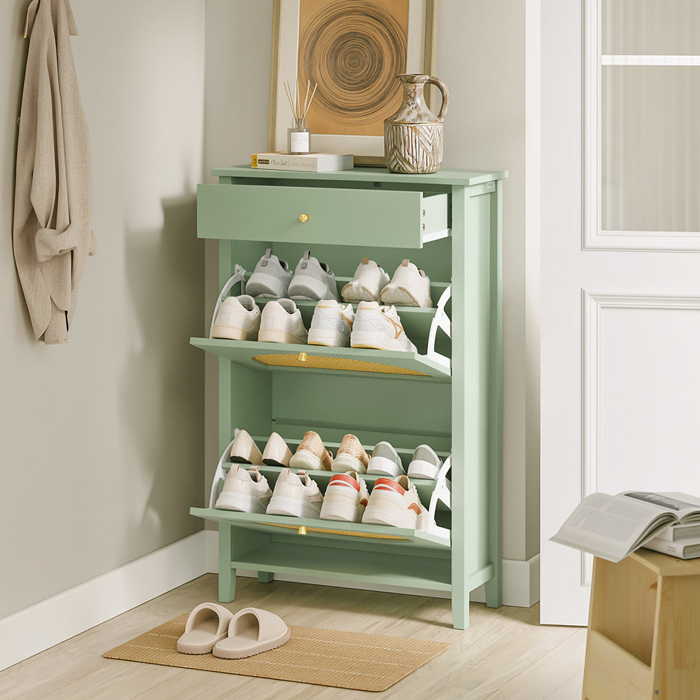 SoBuy FSR223-GR, Slim Shoe Cabinet with 2 Flip Drawers & Rattan Panels, Green, 62x25x97cm - view 4