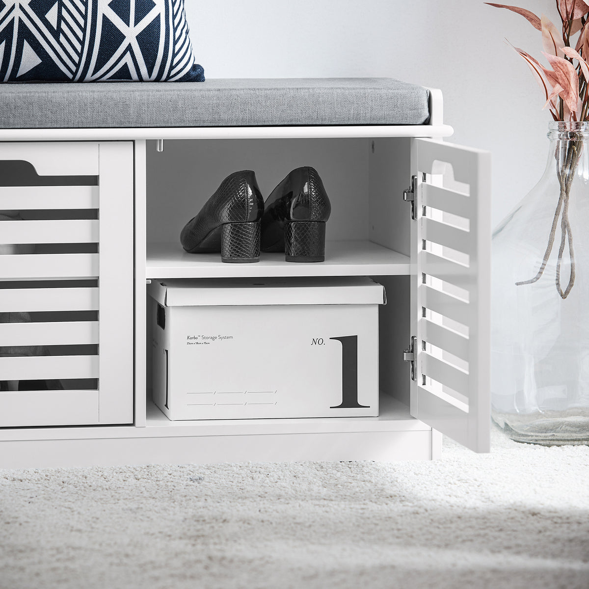 SoBuy FSR23-II-W, Shoe Storage Bench Shoe Cabinet with Seat Cushion – 2 Doors for Hallway Organiser, White, Wooden Storage Unit, 133kg Load