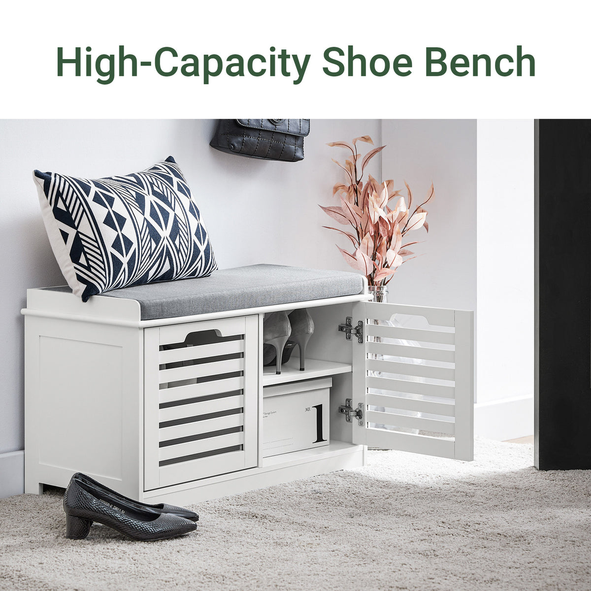 SoBuy FSR23-II-W, Shoe Storage Bench Shoe Cabinet with Seat Cushion – 2 Doors for Hallway Organiser, White, Wooden Storage Unit, 133kg Load