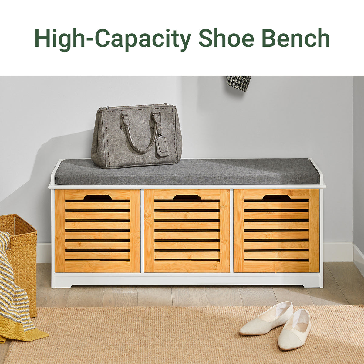 SoBuy FSR23-WN, Shoe Storage Bench Shoe Cabinet with Seat Cushion – 3 Drawers for Hallway Organiser, White and Natural, Wooden Storage Unit, 120kg Load