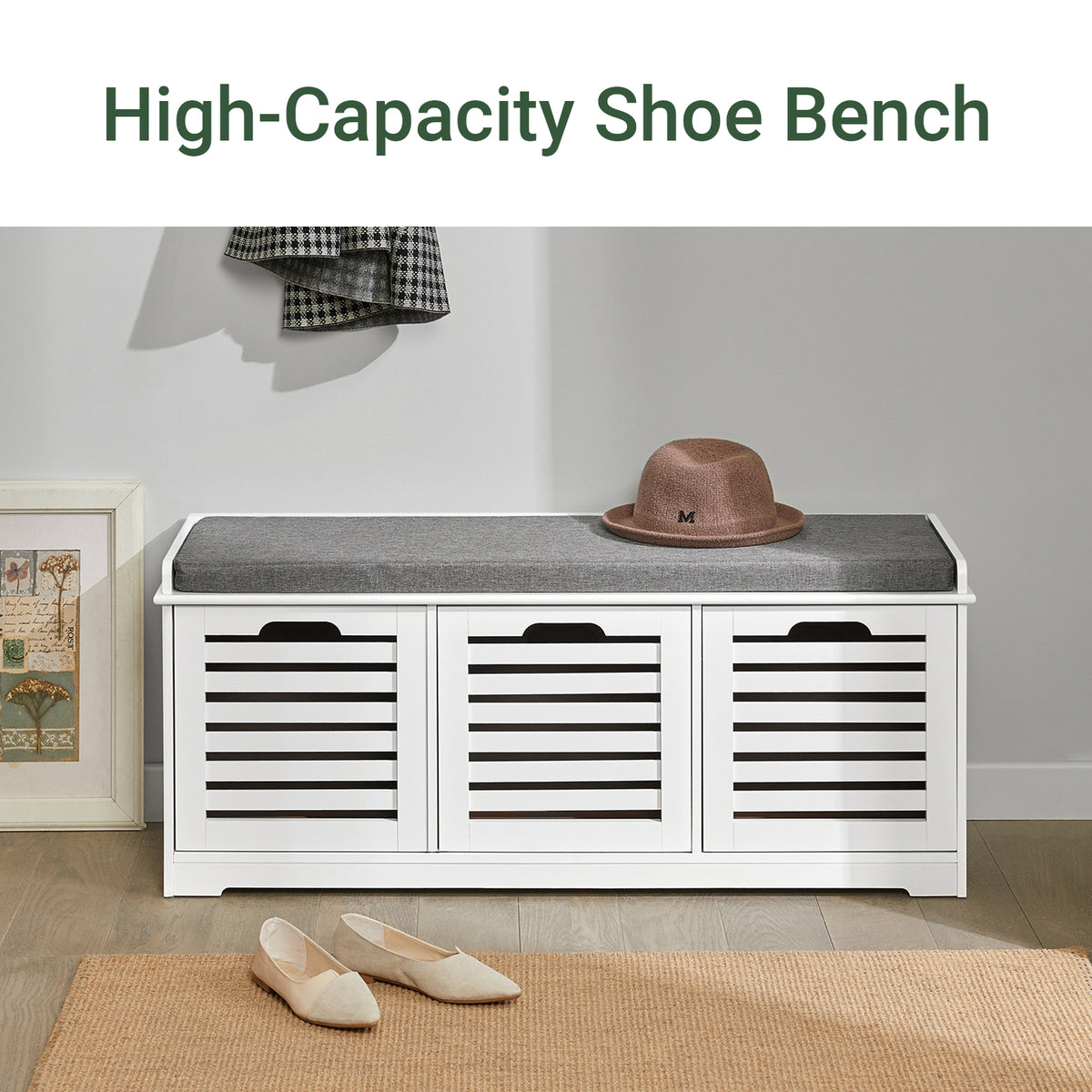SoBuy FSR23-W, Shoe Storage Bench Shoe Cabinet with Seat Cushion – 3 Drawers for Hallway Organiser, White, Wooden Storage Unit, 120kg Load