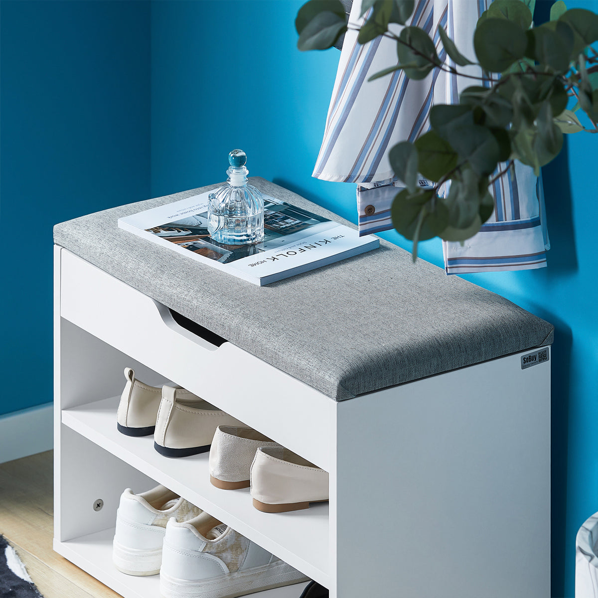 SoBuy FSR25-HG, Shoe Storage Bench Shoe Rack with Seat - Padded Folding Cushion, Hallway Storage Unit with 2 Tiers, Grey, 60x30x48cm, Max Load 150kg