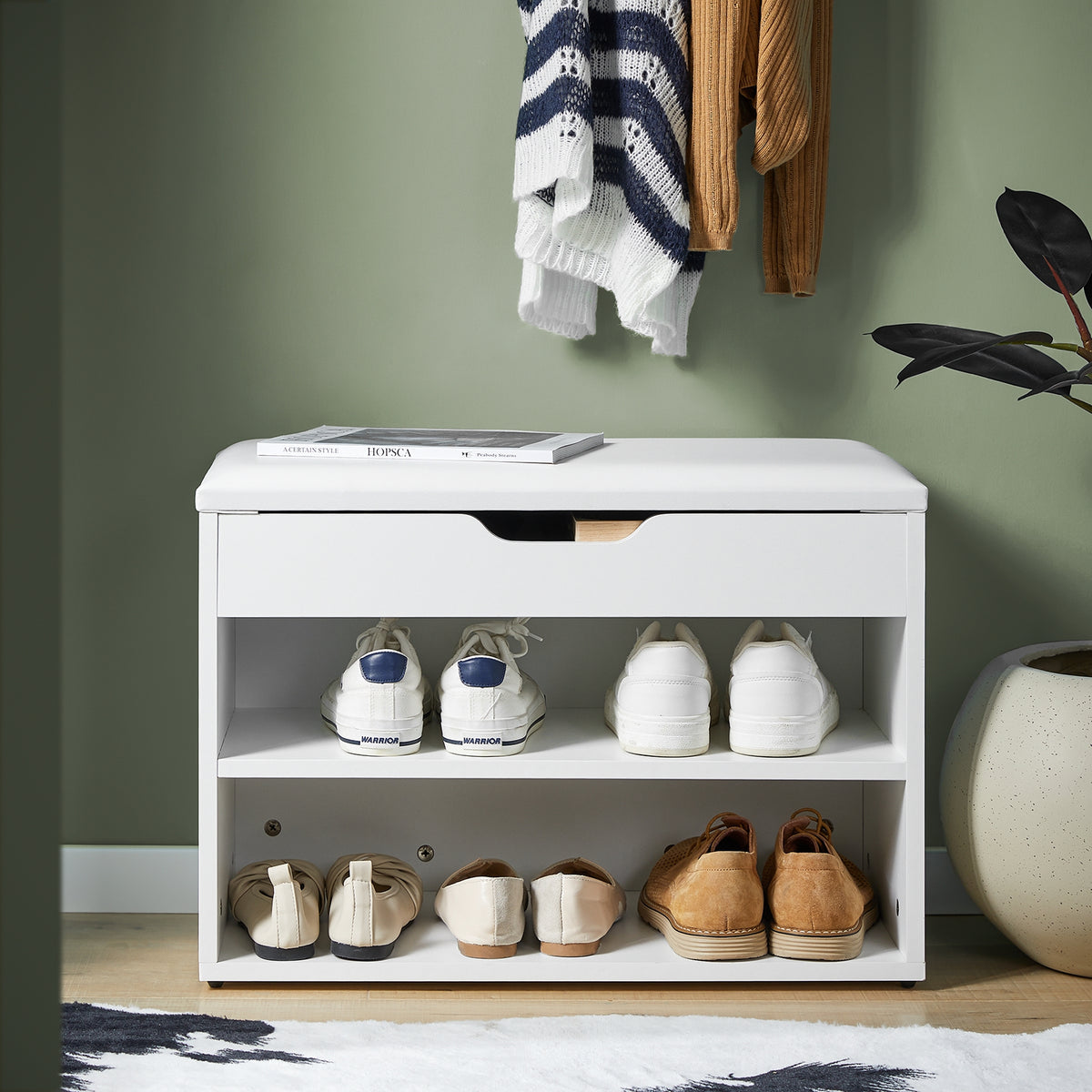 SoBuy FSR25-W, Shoe Storage Bench Shoe Rack with Seat - Padded Folding Cushion, Hallway Storage Unit with 2 Tiers, White, 60x30x48cm, Max Load 150kg