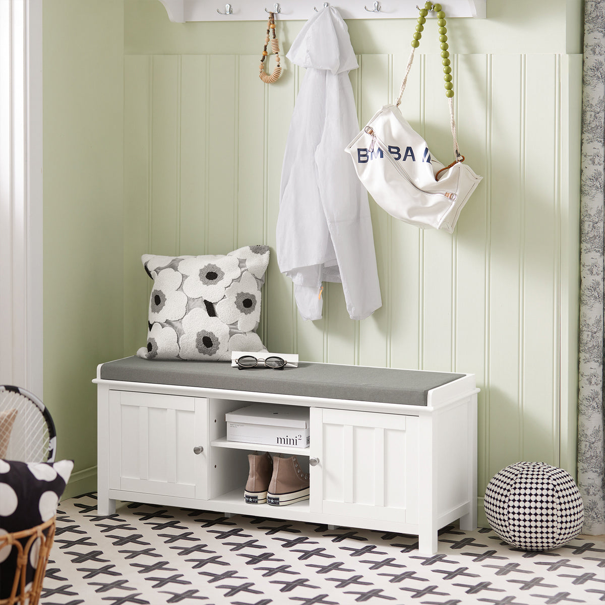 SoBuy FSR35-W, Storage Bench with 2 Doors & Removable Seat Cushion, Shoe Cabinet Shoe Bench, White