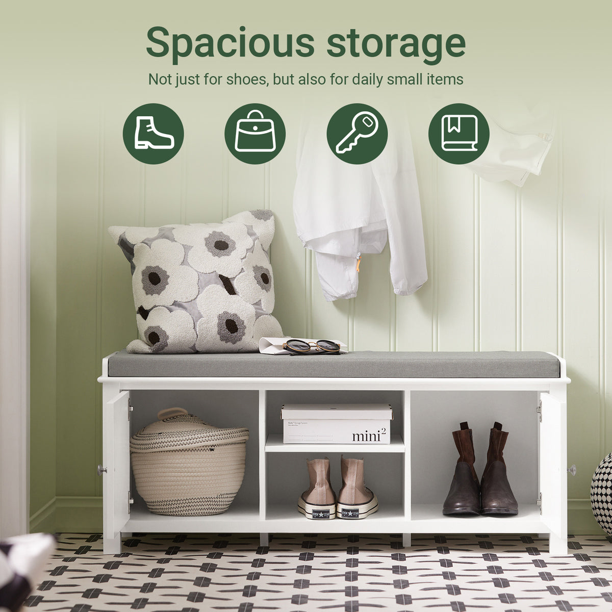SoBuy FSR35-W, Storage Bench with 2 Doors & Removable Seat Cushion, Shoe Cabinet Shoe Bench, White
