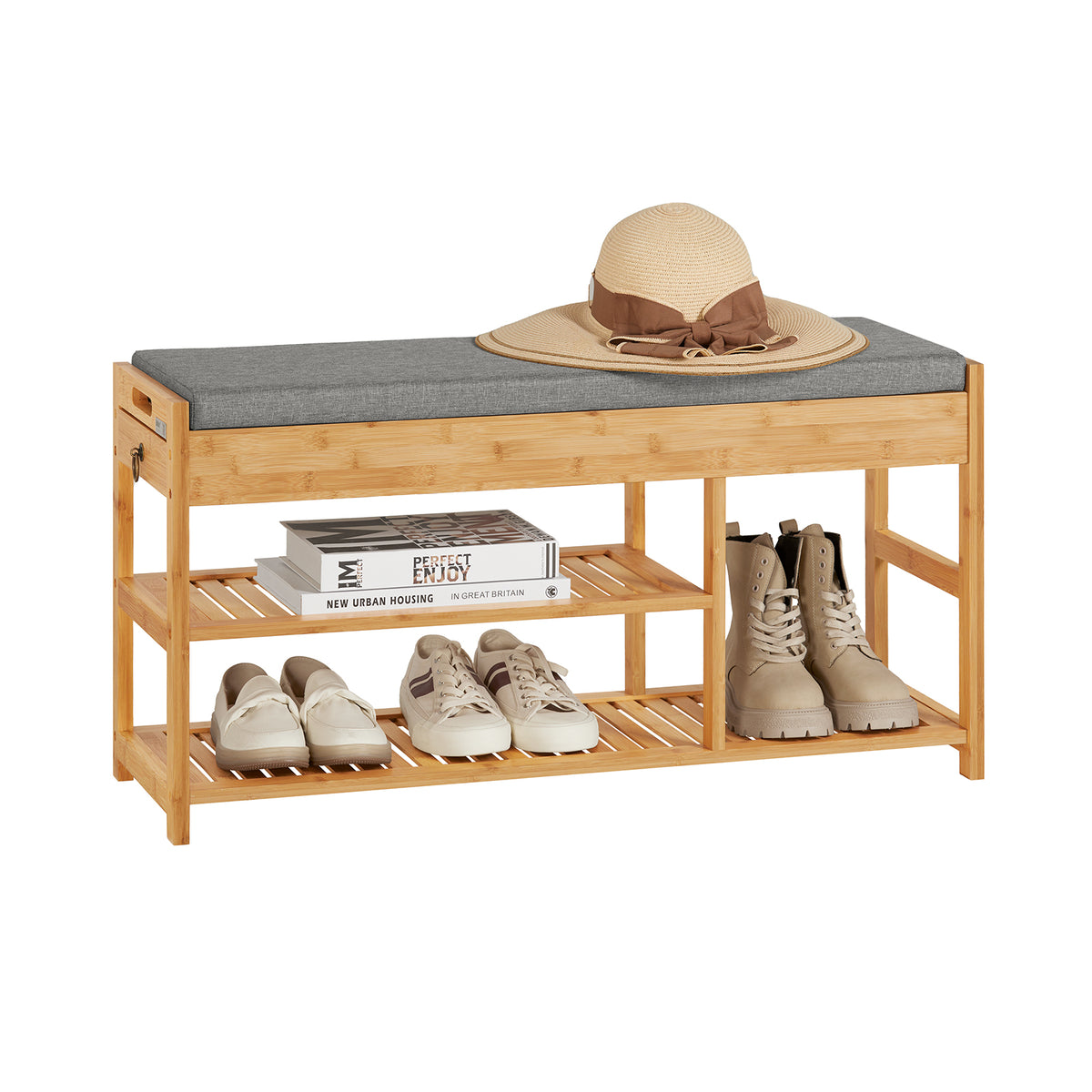 SoBuy FSR47-N, Bamboo Shoe Rack Shoe Bench with Seat Cushion, Hallway Shoe Storage Bench Organizer, Wood