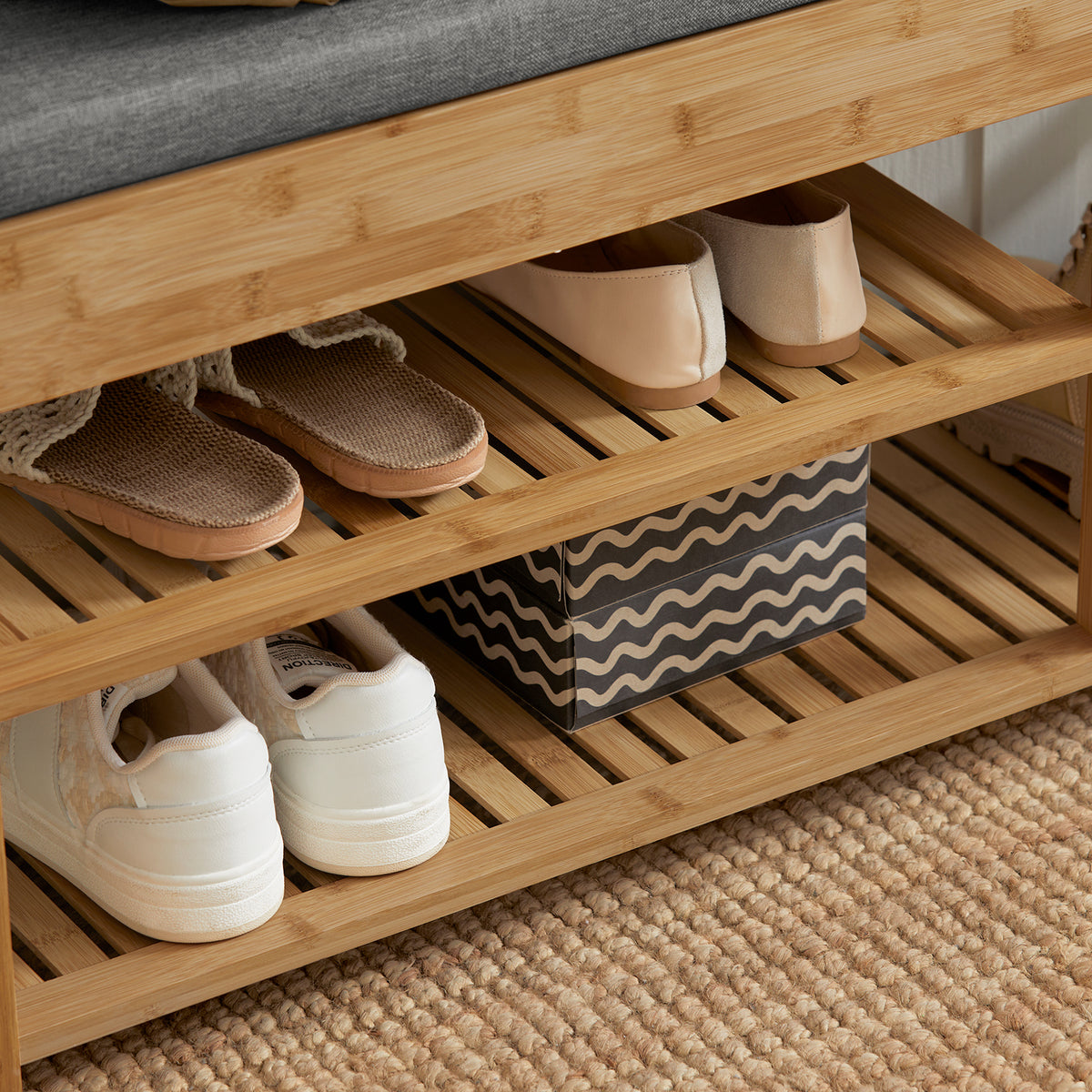 SoBuy FSR47-N, Bamboo Shoe Rack Shoe Bench with Seat Cushion, Hallway Shoe Storage Bench Organizer, Wood