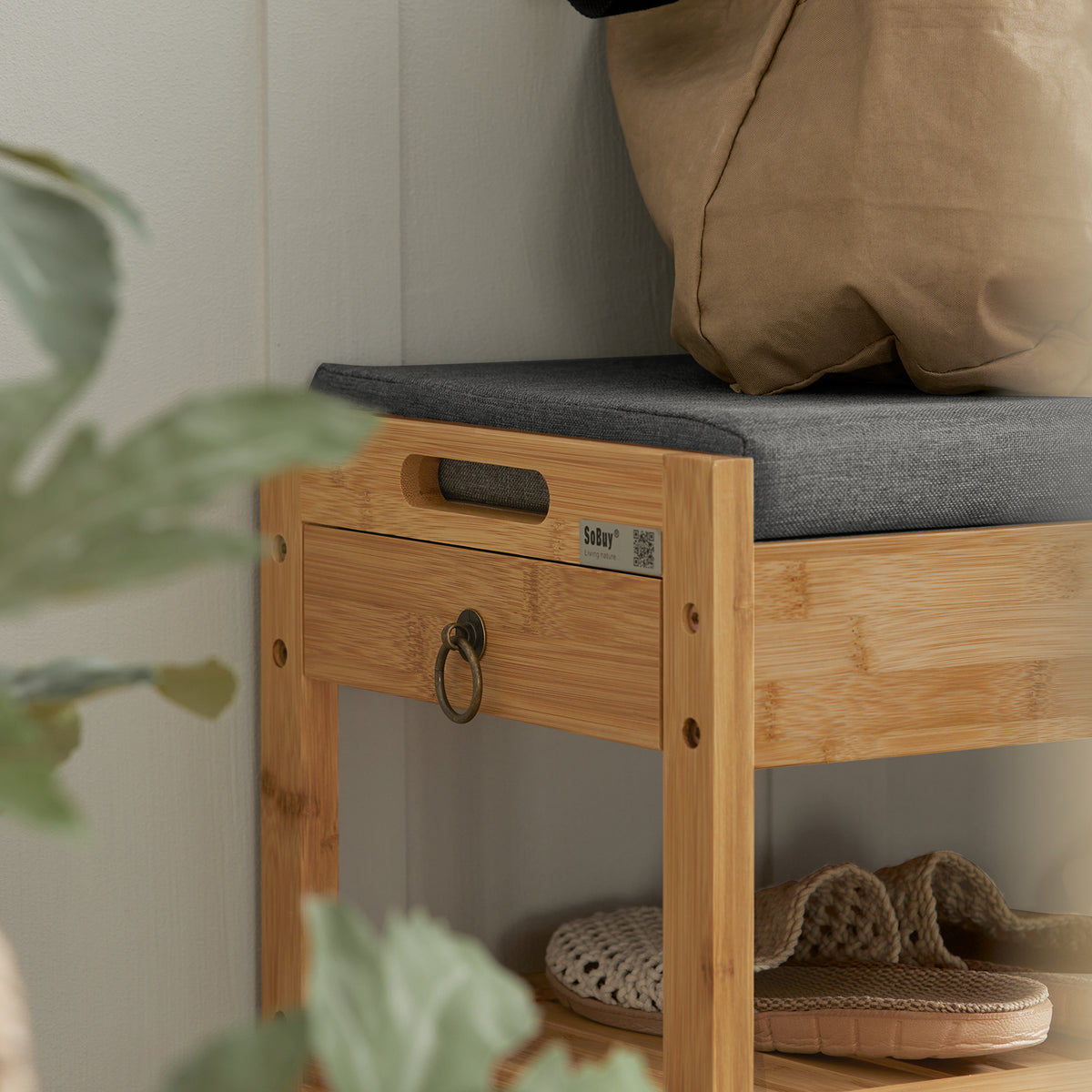 SoBuy FSR47-N, Bamboo Shoe Rack Shoe Bench with Seat Cushion, Hallway Shoe Storage Bench Organizer, Wood