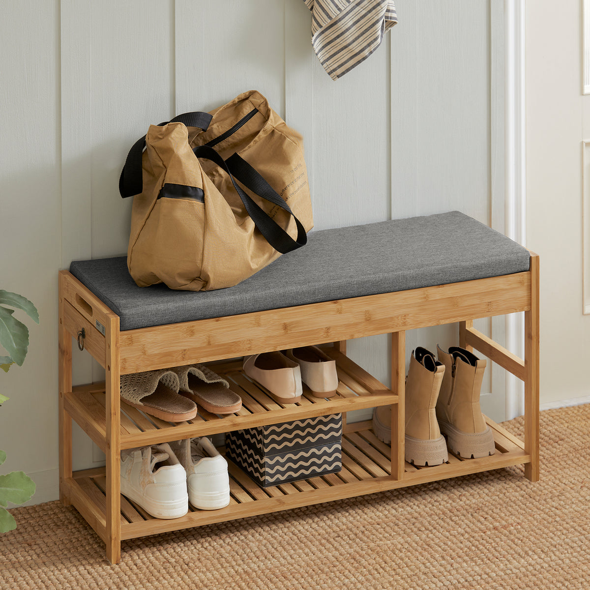 SoBuy FSR47-N, Bamboo Shoe Rack Shoe Bench with Seat Cushion, Hallway Shoe Storage Bench Organizer, Wood