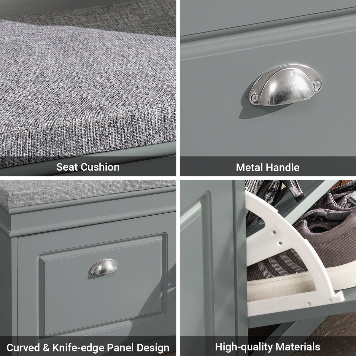 SoBuy Grey Shoe Bench with 2 Flip Drawers – 150kg Weight Capacity Padded Seat for Daily Use