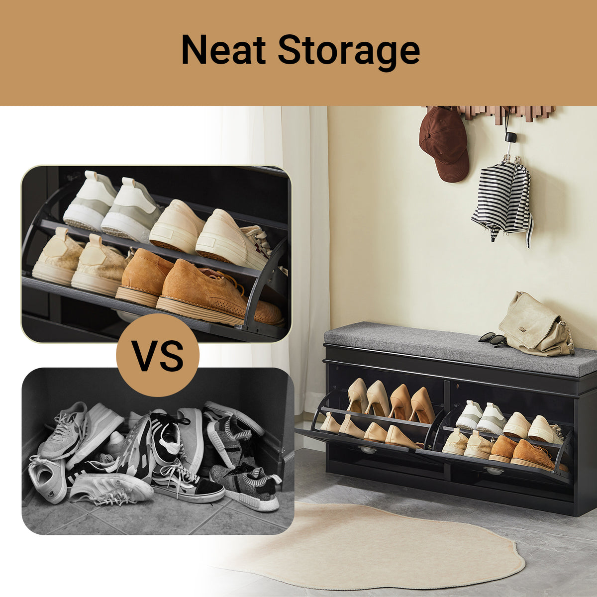 SoBuy FSR64-SCH black hallway shoe bench neat storage vs cluttered shoes comparison with flip drawer open showing organised shoe rack